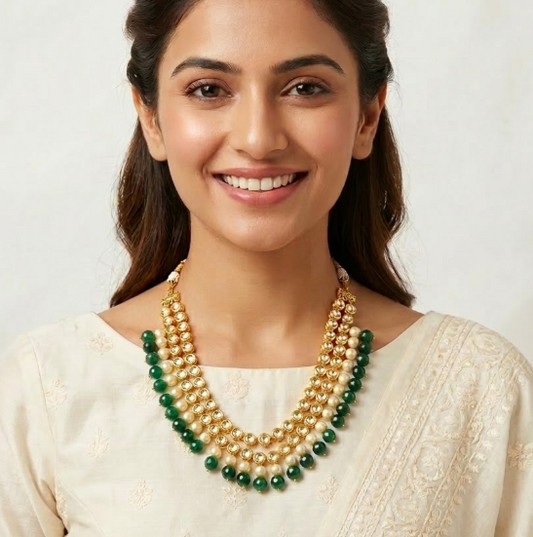 GREEN STONE  KUNDAN 2LINE WITH  PEARL NECKLACE