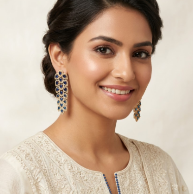 Blue Stone Gold Plated Long Hanging Earring