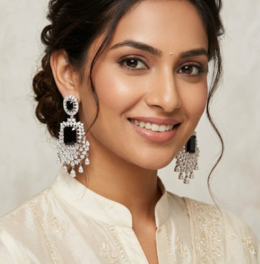 Black Stone Silver Plated Earring