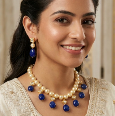 OFF WHITE PEARL BLUE SAPPHIRE KUNDAN GOLD PLATED NECKLACE WITH EARRING