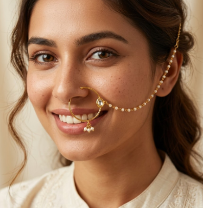 Kundan with Pearl Chain Nath