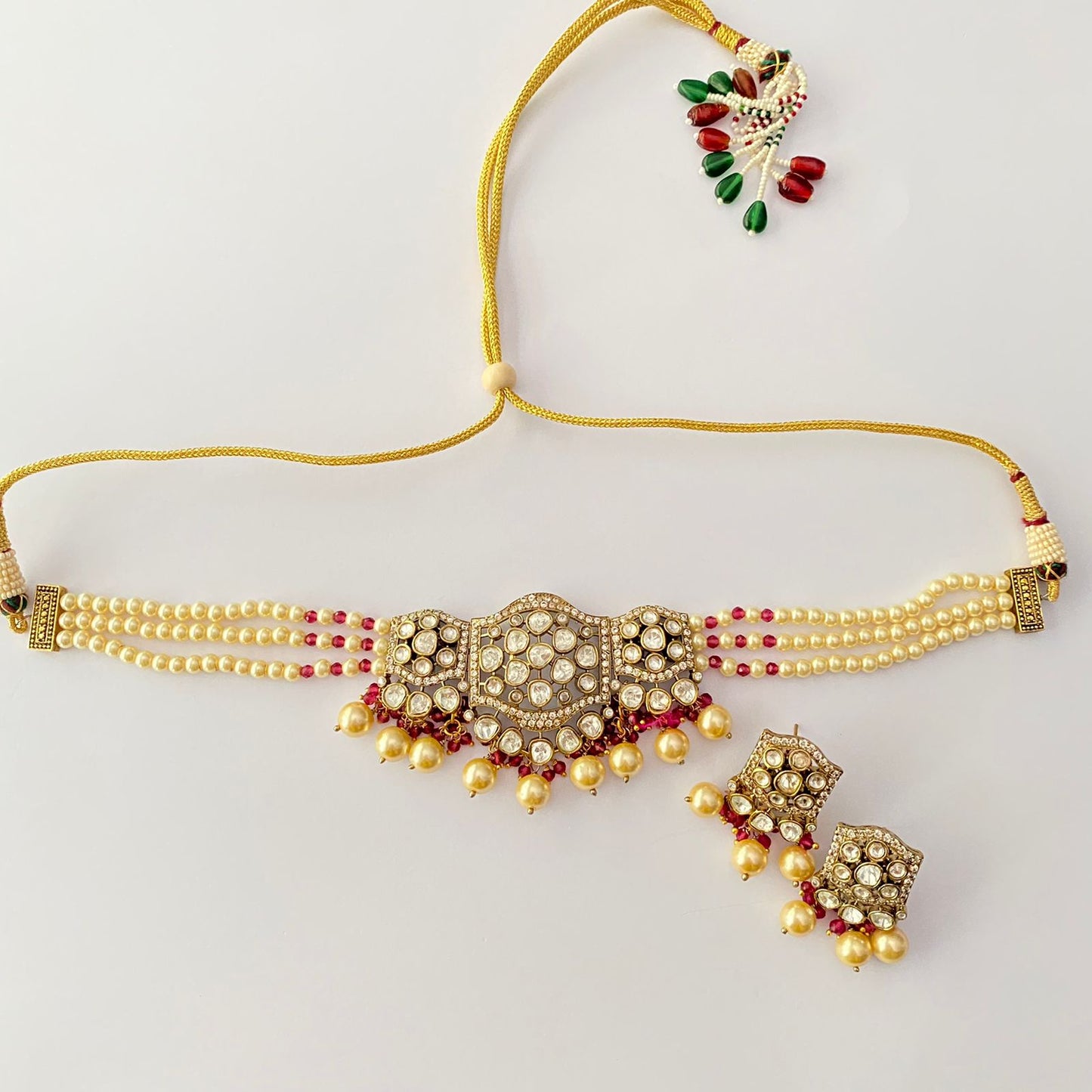 Ruby Pearl Choker Necklace With Kundan Droplets