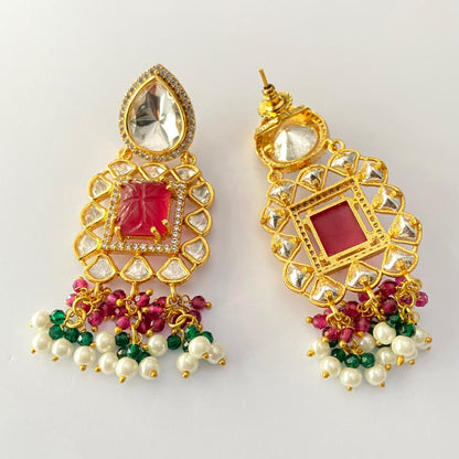 RED RUBY POLKI GOLD PLATED EARRING