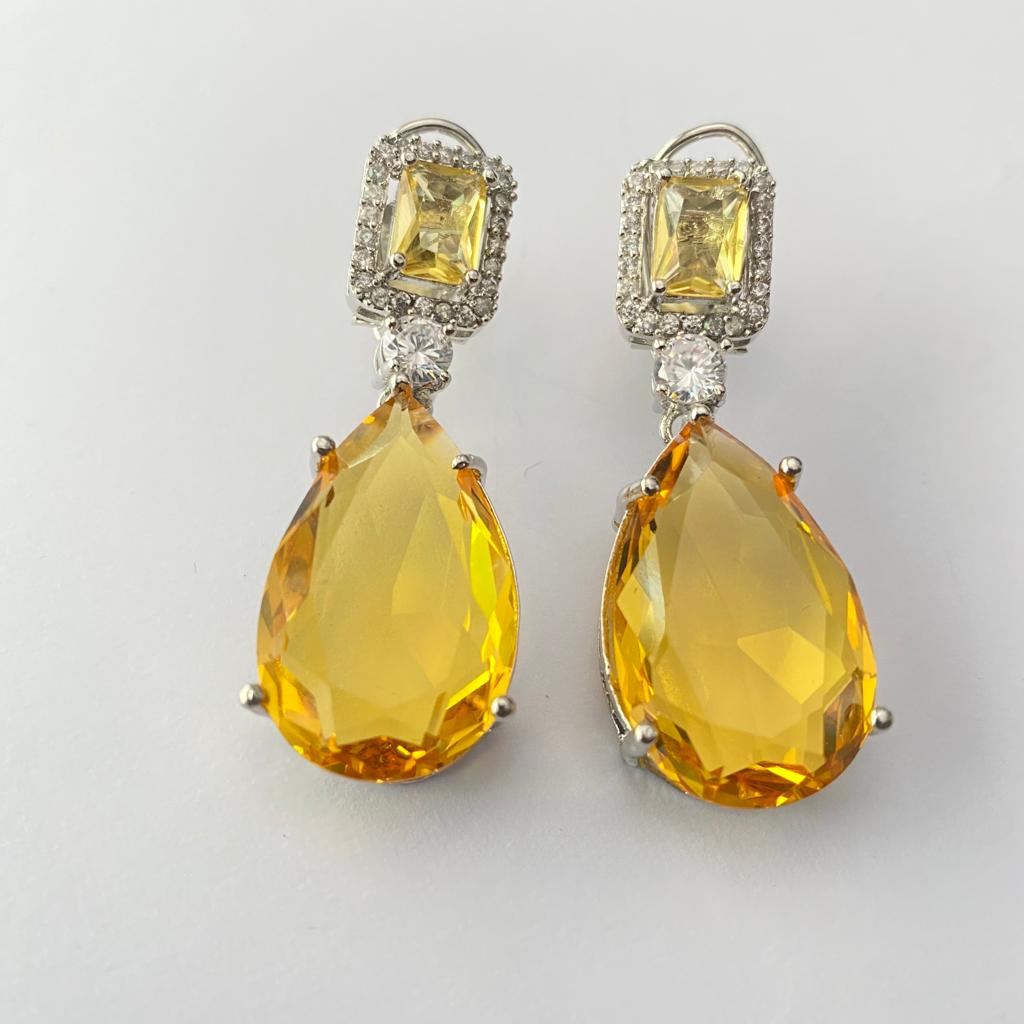 Yellow Ad Stone Silver Plated Earring With Back Clip