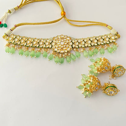 Gold Plated Mint Green Kundan Polki Choker Necklace With Jhumka