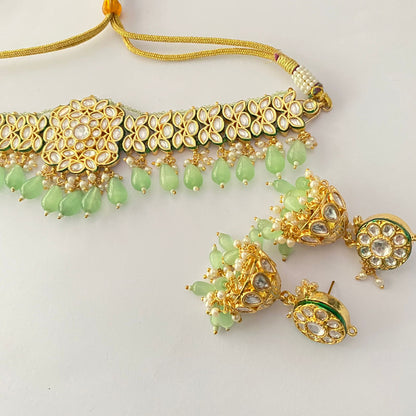 Gold Plated Mint Green Kundan Polki Choker Necklace With Jhumka