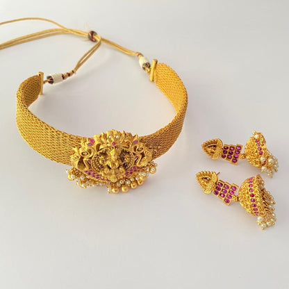 Gold Plated Fashion Goddess Laxmi Designer Temple Necklace Set