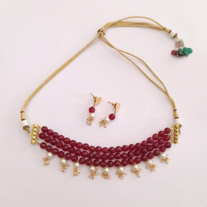 Ethnic Red Stone with White Pearl Chokar Necklace