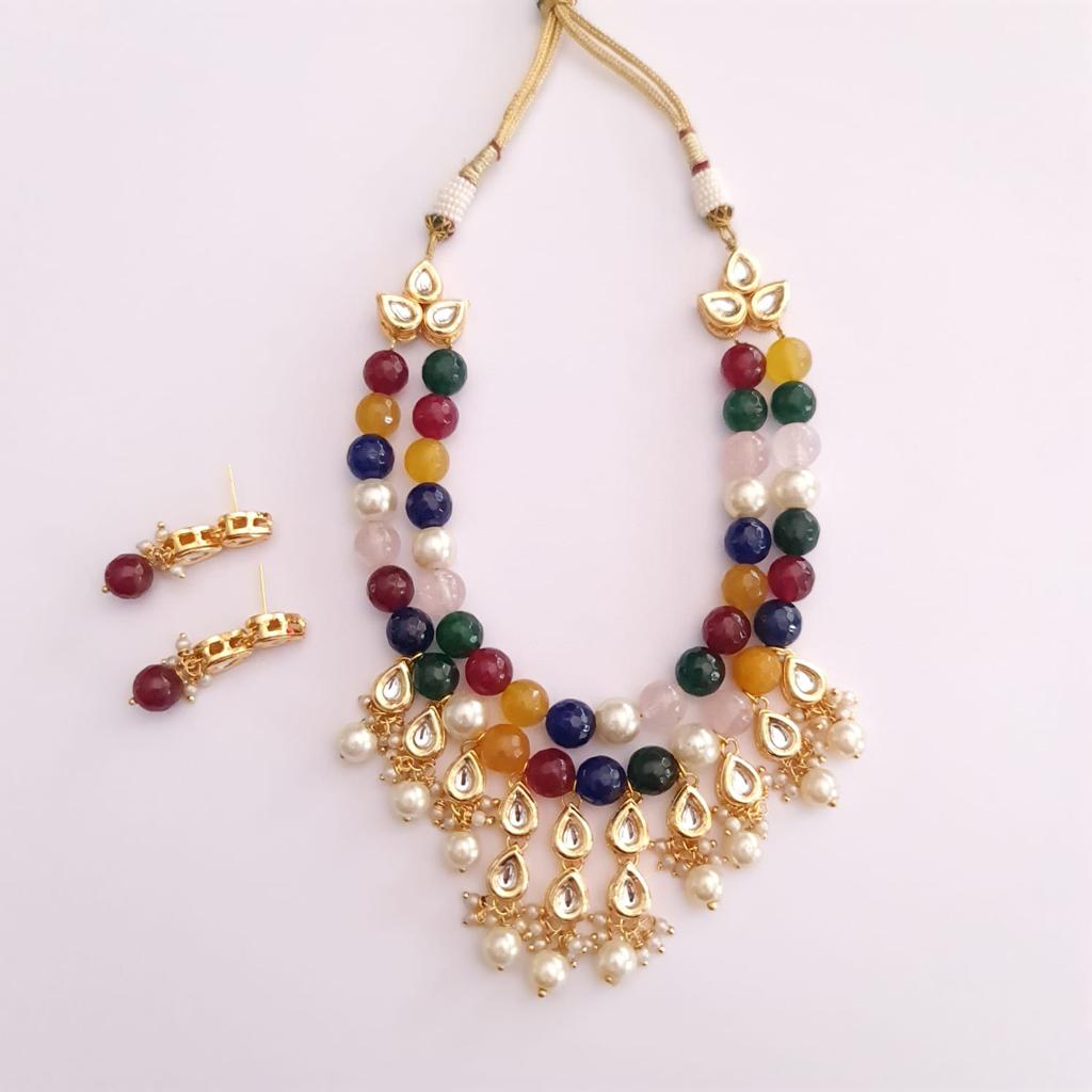 Polki Kundan With multi stone  Drop Necklace with earring