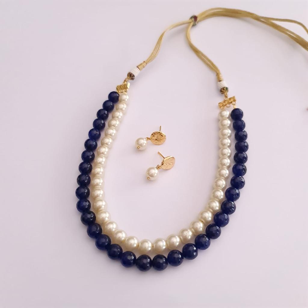 Blue & white pearl string Necklace with earring for women