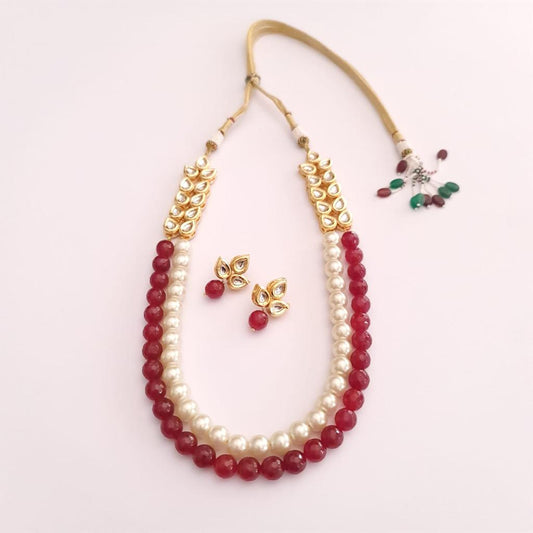 RED STONE WHITE PEARL STRING NECKLACE WITH POLKI FOR WOMEN