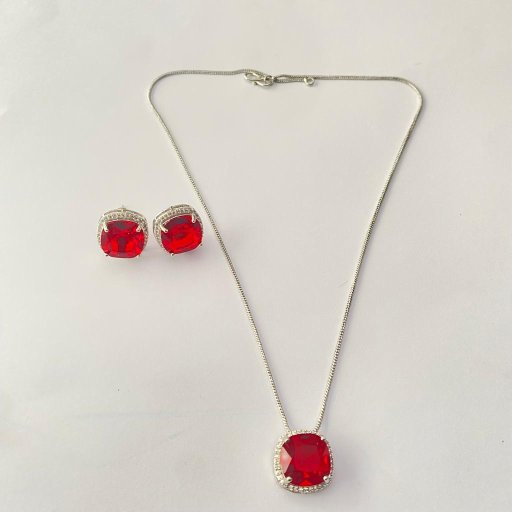 RED RUBY SILVER PLATED PENDANT SET WITH EARRING