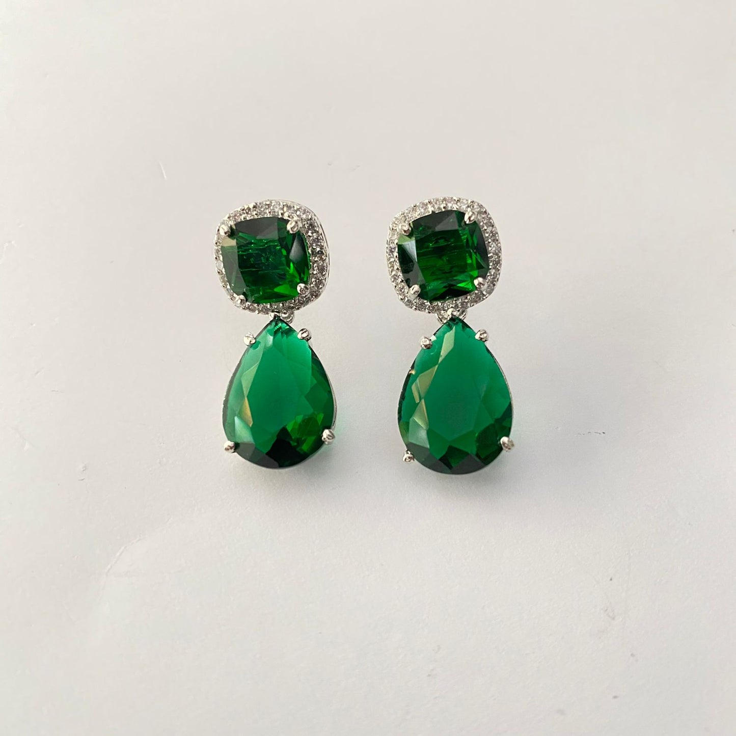 Small Emerald Ad Stone Silver Plated  Earring With Back Clip