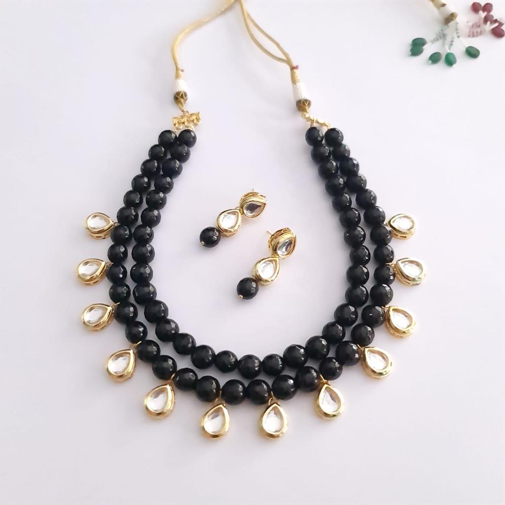 Black Polki Kundan Necklace With Earring
