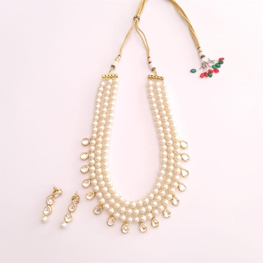 Pearl Three Layers With Kundan Long Party Wear Necklace