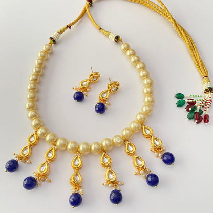 BLUE SAPPHIRE GOLD PLATED WITH PEARL POLKI NECKLACE SET