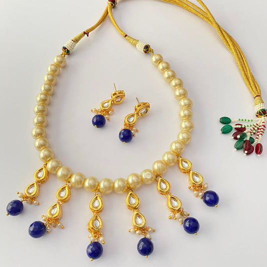 BLUE SAPPHIRE GOLD PLATED WITH PEARL POLKI NECKLACE SET