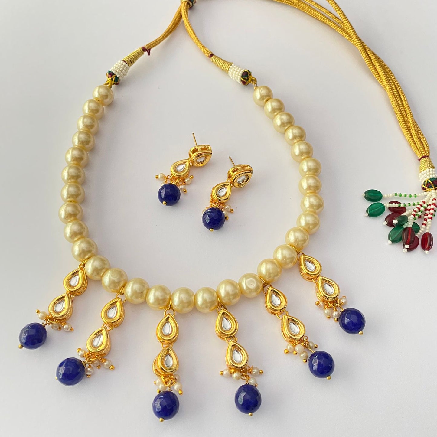 BLUE SAPPHIRE GOLD PLATED WITH PEARL POLKI NECKLACE SET