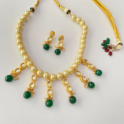 KUNDAN WHITE PEARL GOLD PLATED NECKLACE WITH EARRING