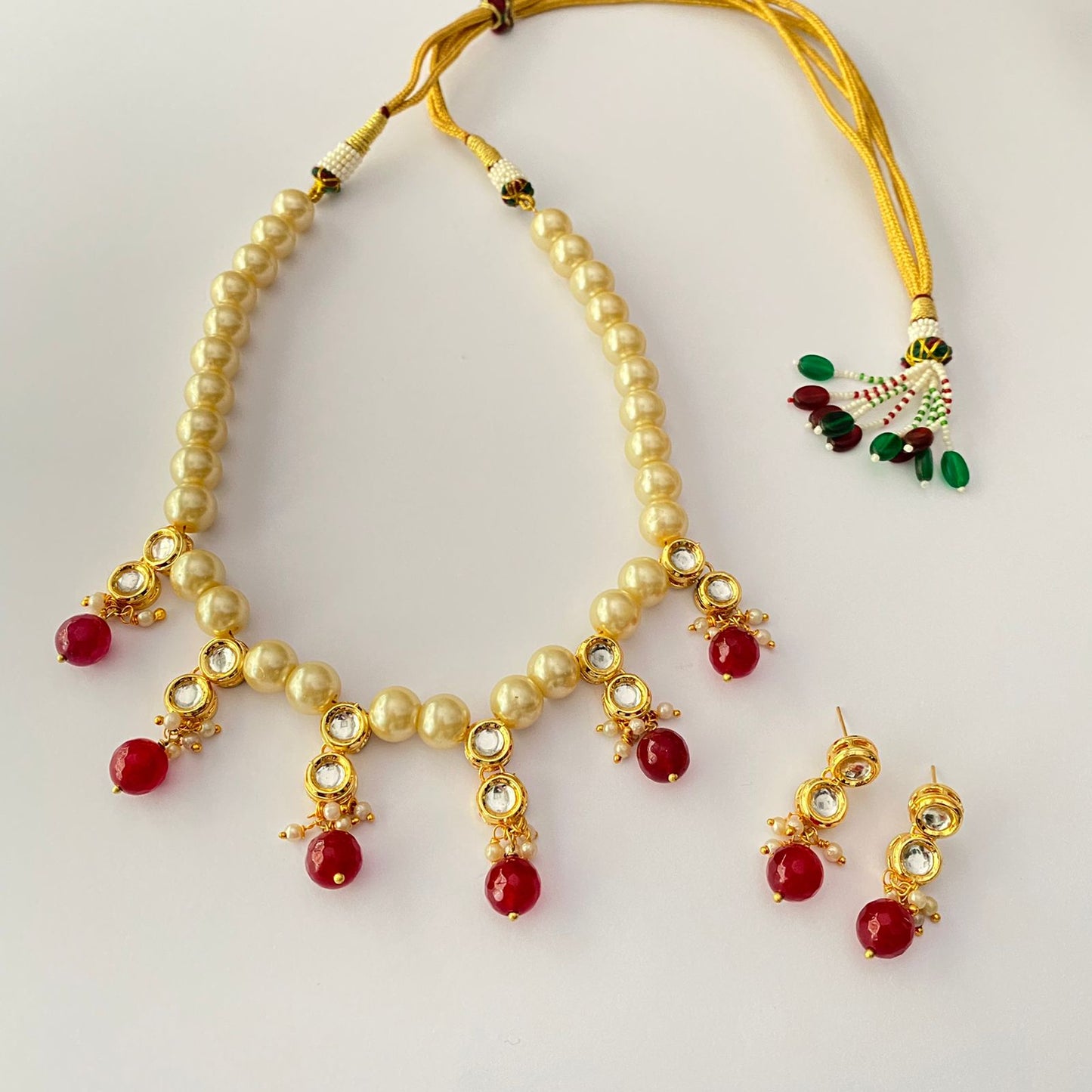PEARL KUNDAN RUBY NECKLACE WITH EARRING LATEST DESIGN FOR  WOMEN