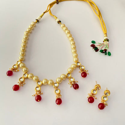 PEARL KUNDAN RUBY NECKLACE WITH EARRING LATEST DESIGN FOR  WOMEN