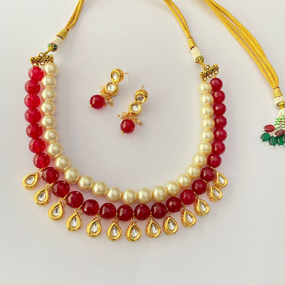 OFF-WHITE PEARL RUBY STONE KUNDAN DOUBLE STRING NECKLACE WITH EARRING