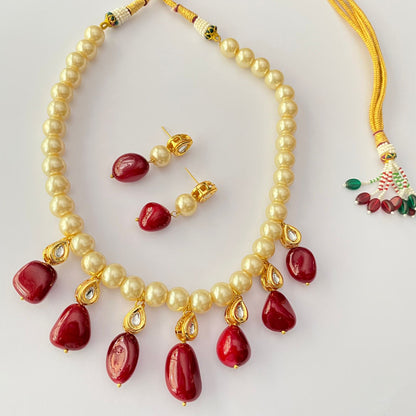 OFF WHITE PEARLKUNDAN TRADITIONAL NECKLACE WITH EARRING