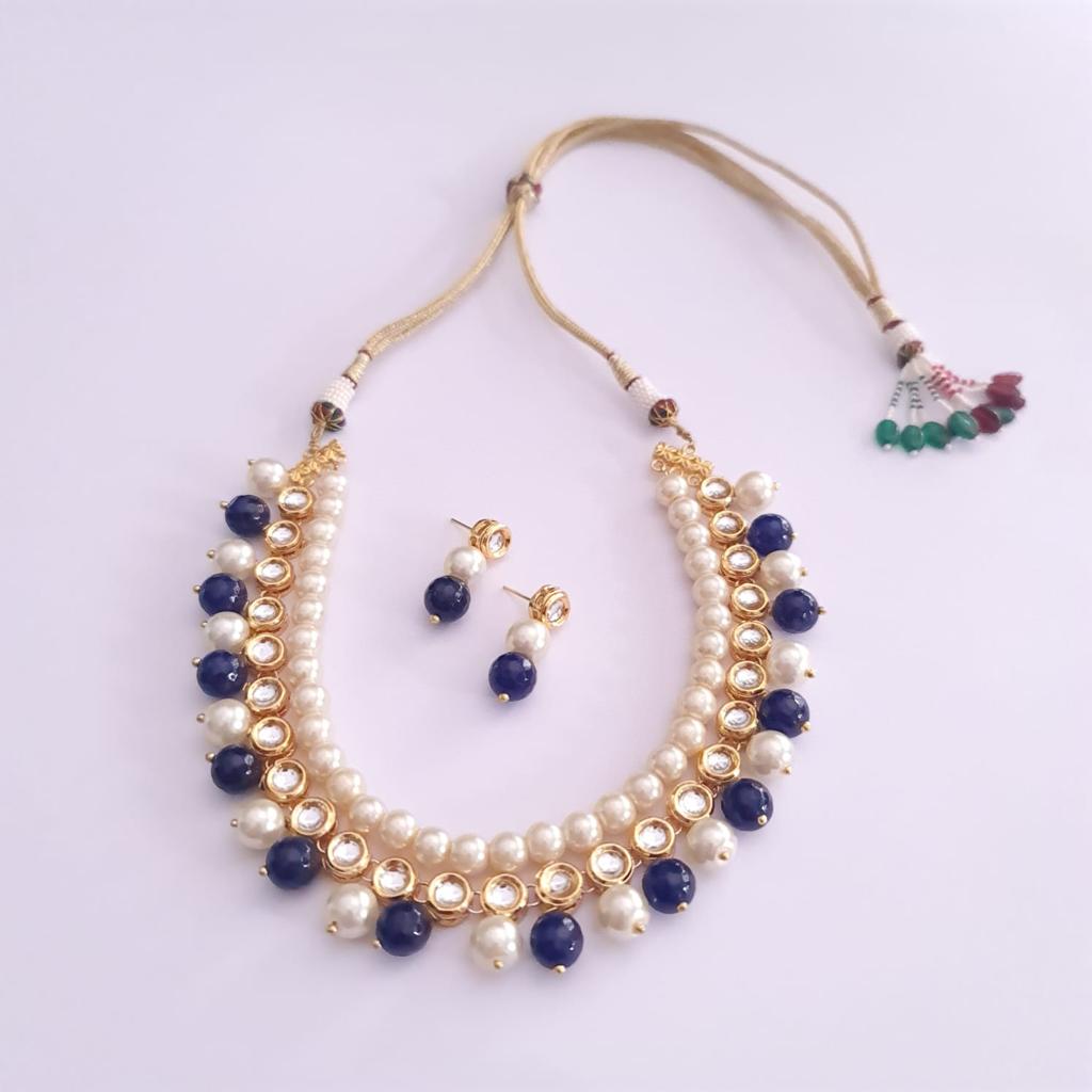 BLUE & WHITE PEARL WITH KUNDAN NECKLACE SET FOR WOMEN