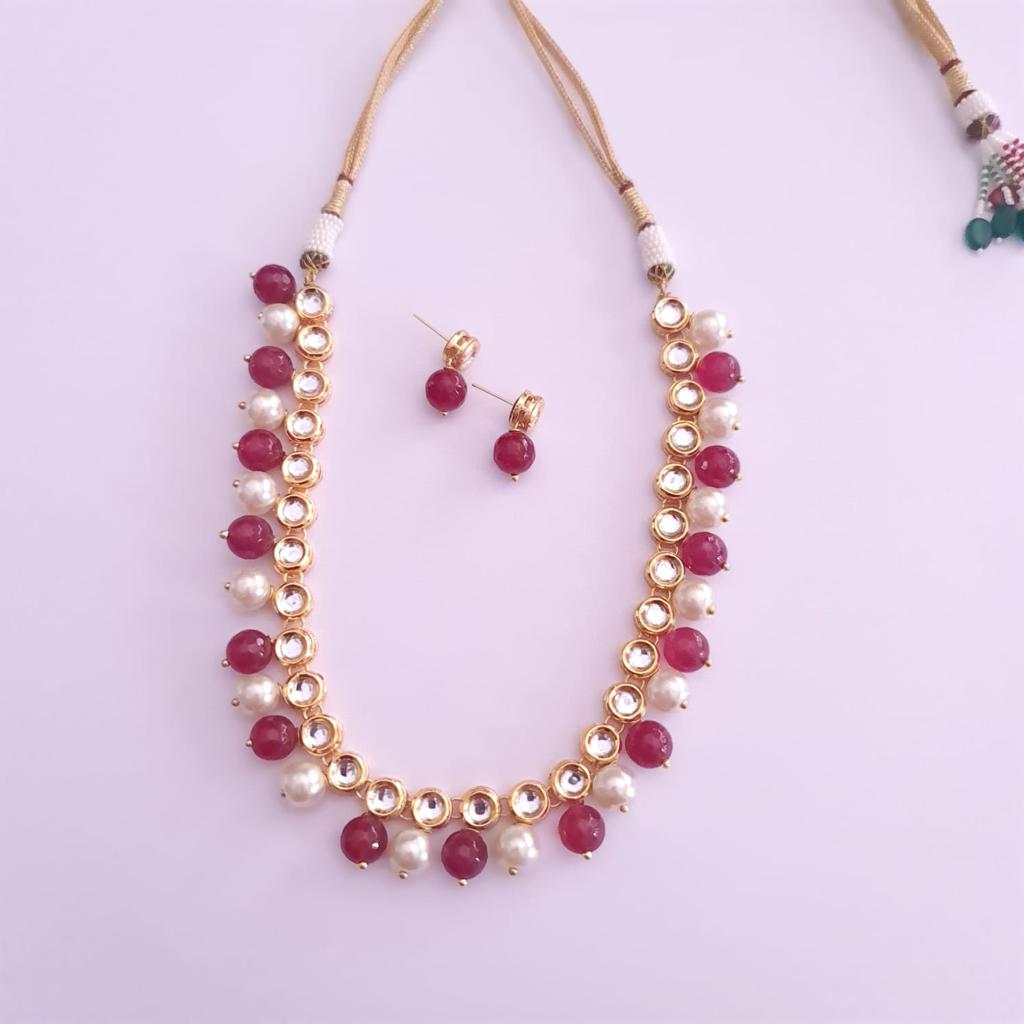 pearl red stone kundan gold plated long necklace set