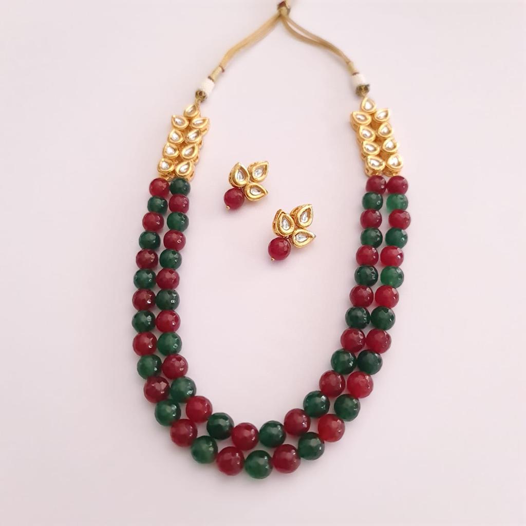 GREEN & REN STONE WITH KUNDAN DOUBLE STRING NECKLACE SET