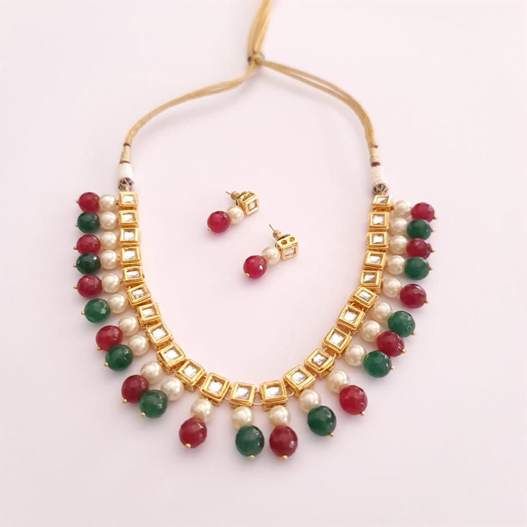 RED & GREEN STONE PEARL WITH KUNDAN  NECKLACE SET LATEST DESIGN