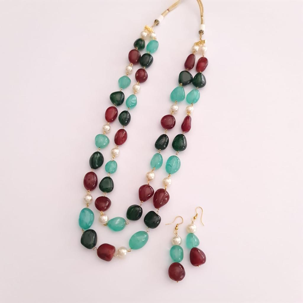 MULTI STONE DOUBLE STRING LONG NECKLACE WITH EARRING
