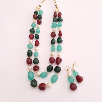 MULTI STONE DOUBLE STRING LONG NECKLACE WITH EARRING