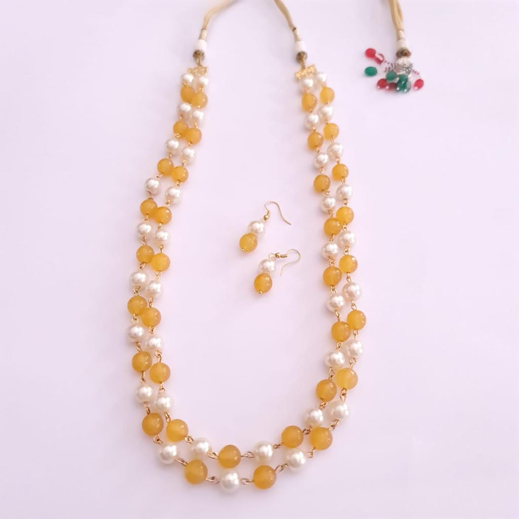 yellow White pearl double string long necklace with earring for women