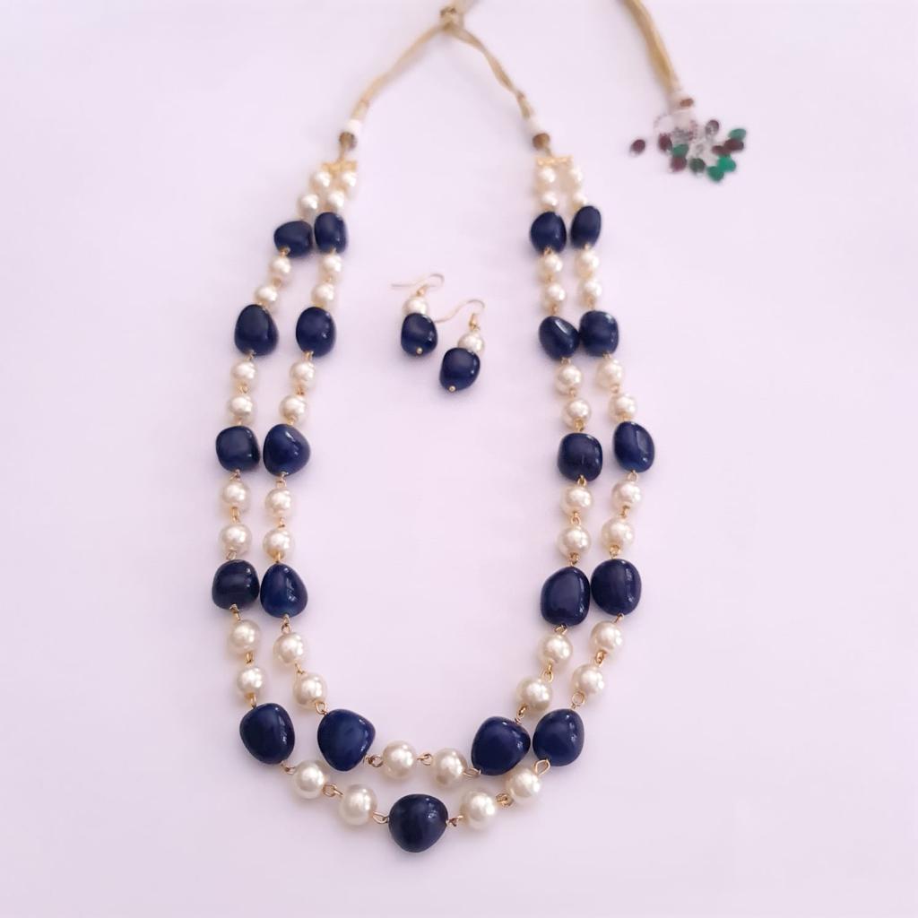 Blue stone with white pearl double string long necklace