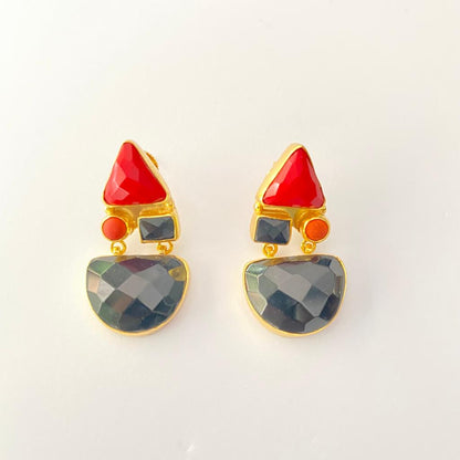 RUBY & BLACK STONE GOLD PLATED  WESTERN EARRING