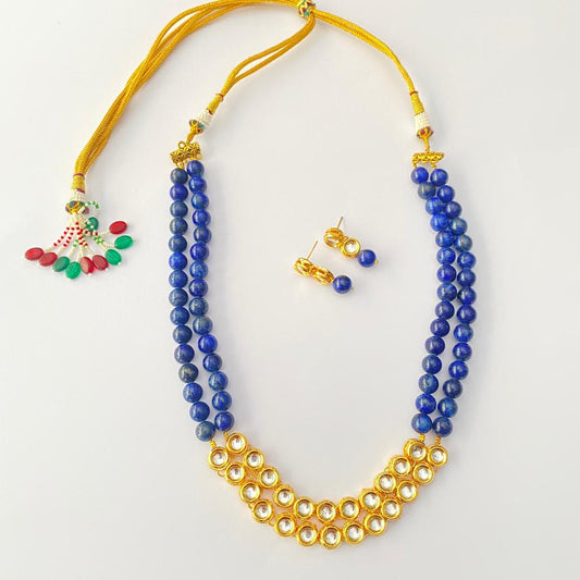 Kundan Polki Gold Plated Blue stone Double string Necklace set