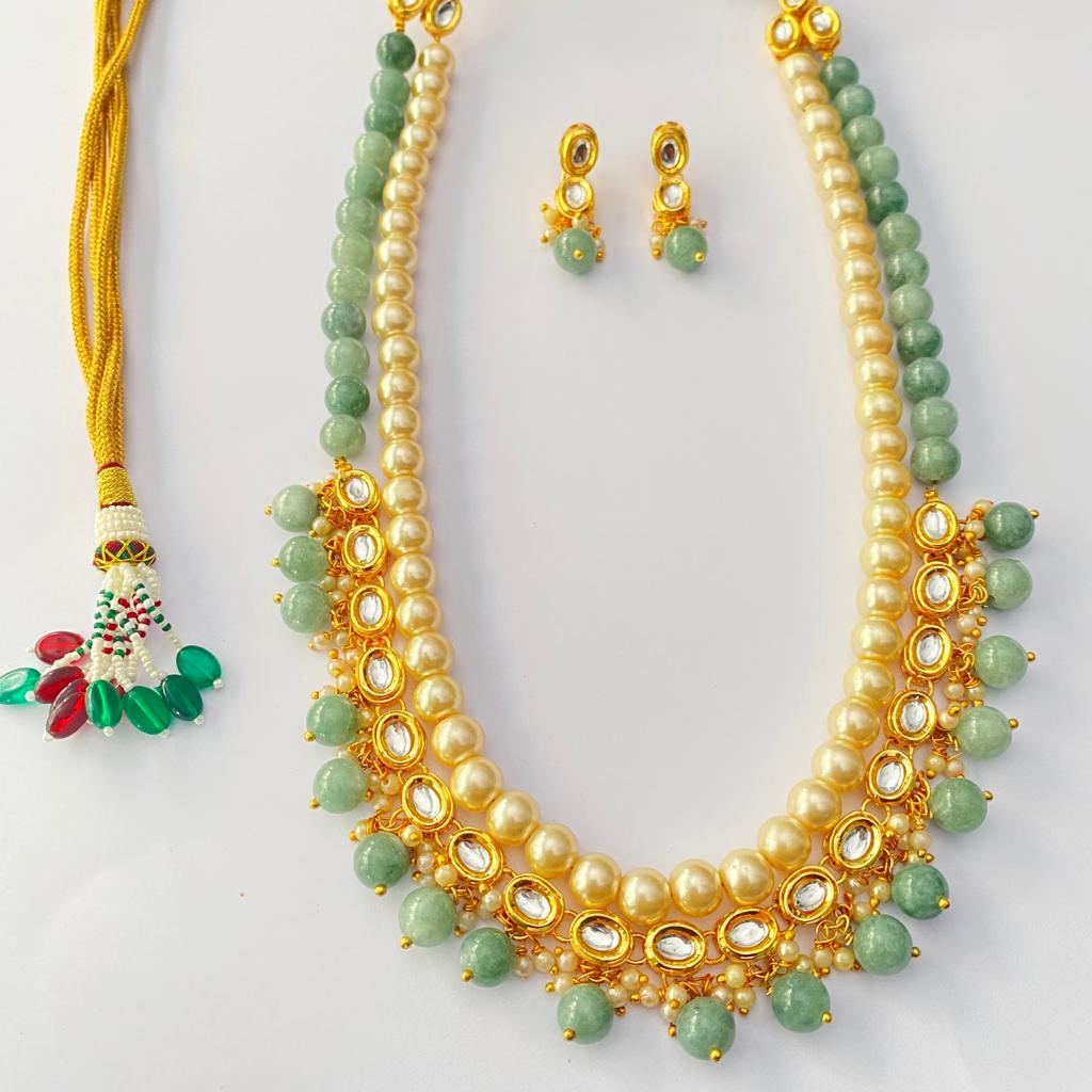 Off White Pearl Kundan Gold Plated with Green stone Necklace set