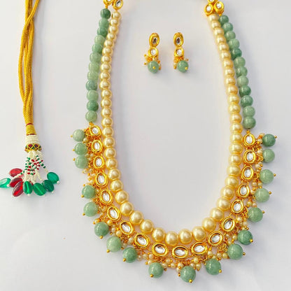 Off White Pearl Kundan Gold Plated with Green stone Necklace set