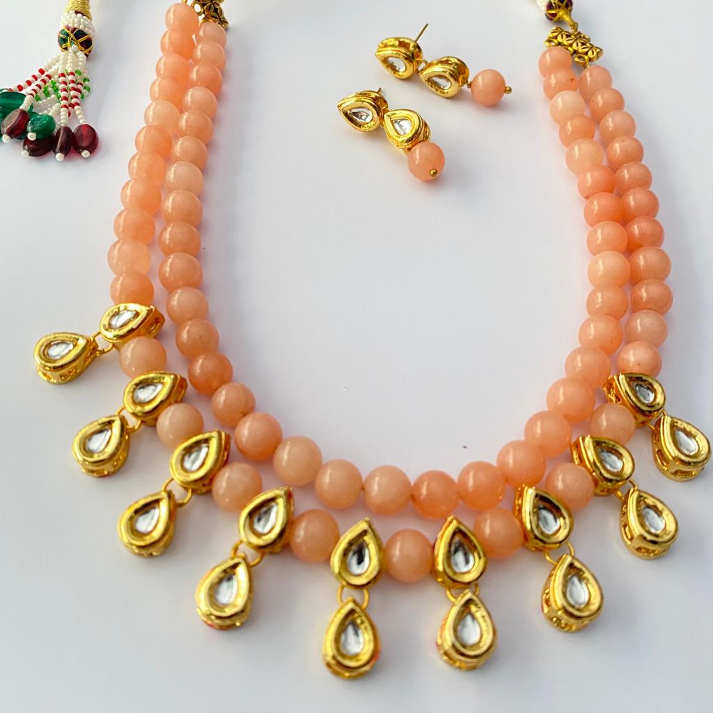 Light Orange Stone Double String Kundan Necklace