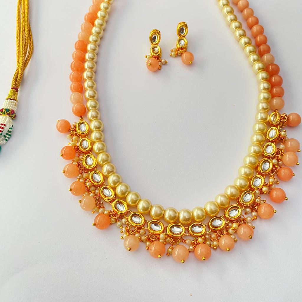 Off White pearl orange stone with kundan gold plated Double string Necklace