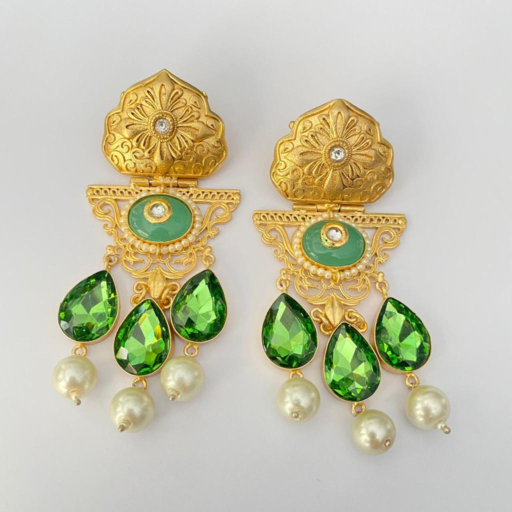 Emerald gold plated white pearl long earring latest design
