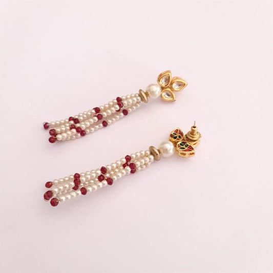 KUNDAN WHITE PEARL WITH RED STONE LONG EARRING