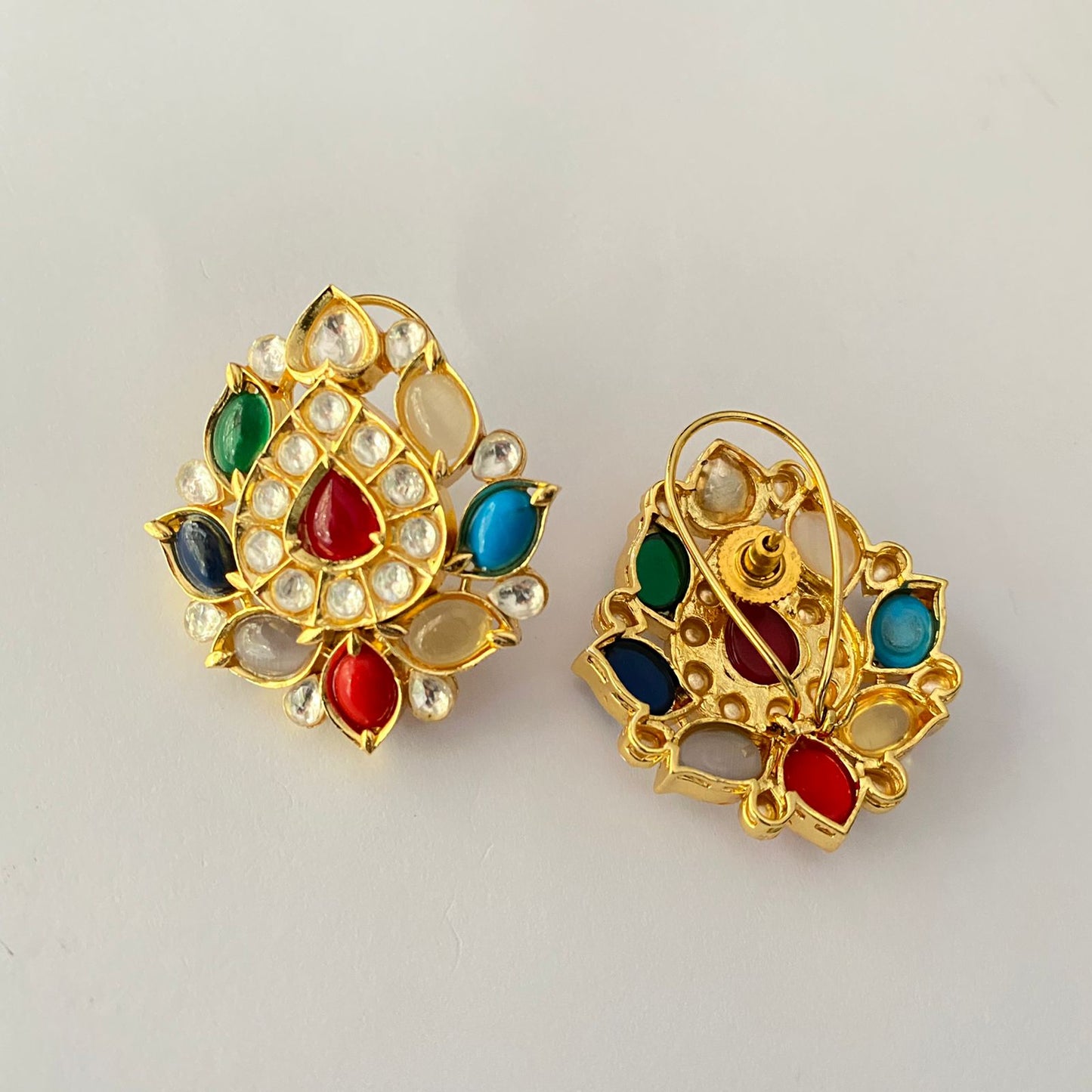MULTI STONE POLKI GOLD PLATED EARRING WITH BACK CLIP