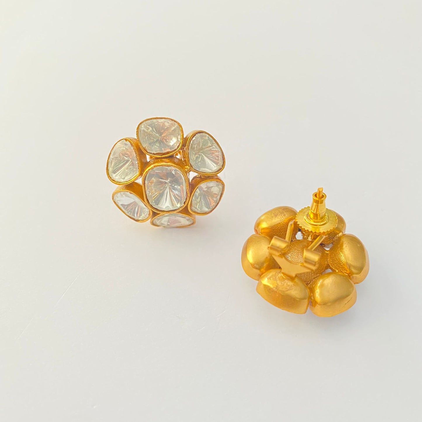 Polki Gold Plated Floral Earring With Back Clip