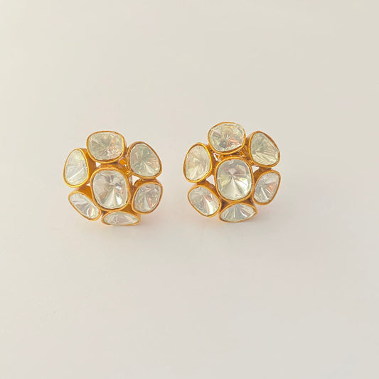 Polki Gold Plated Floral Earring With Back Clip