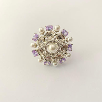 AMETHYST DIAMOND WITH PEARL SILVER PLATED RING FOR WOMEN