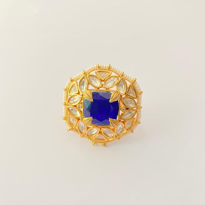Polki Blue With Gold Plated Classic Ring
