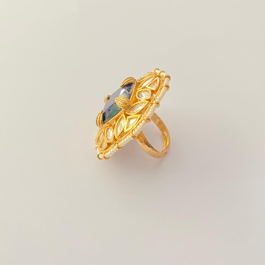 Polki Blue With Gold Plated Classic Ring