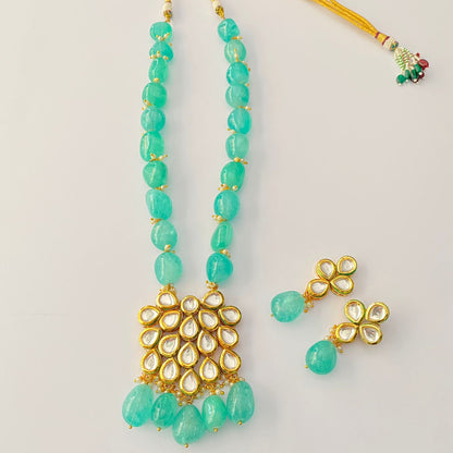 Aquamarine Polki With Gold Plated Long Necklace.